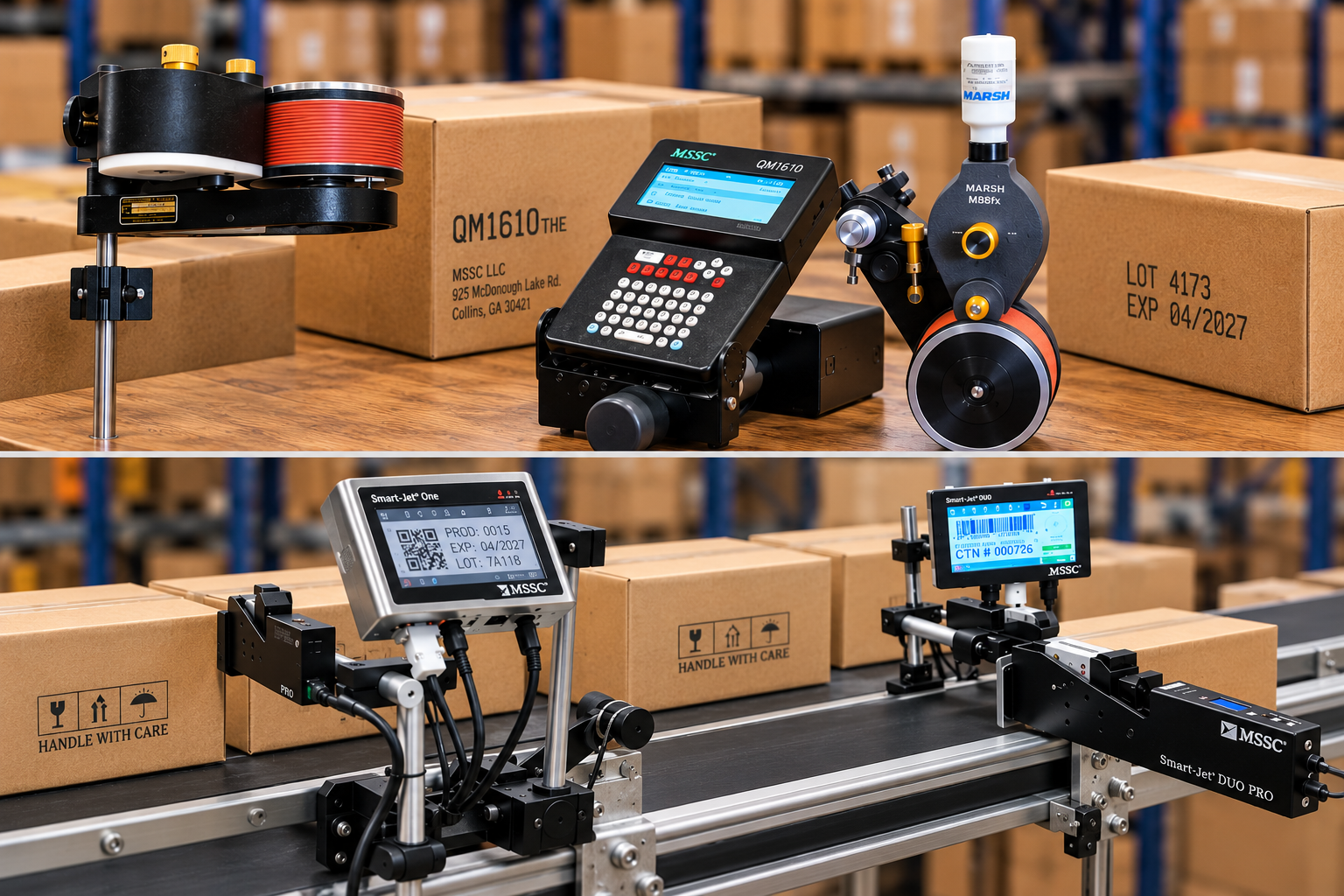Industrial inkjet and contact coding systems positioned alongside conveyor-fed cartons
