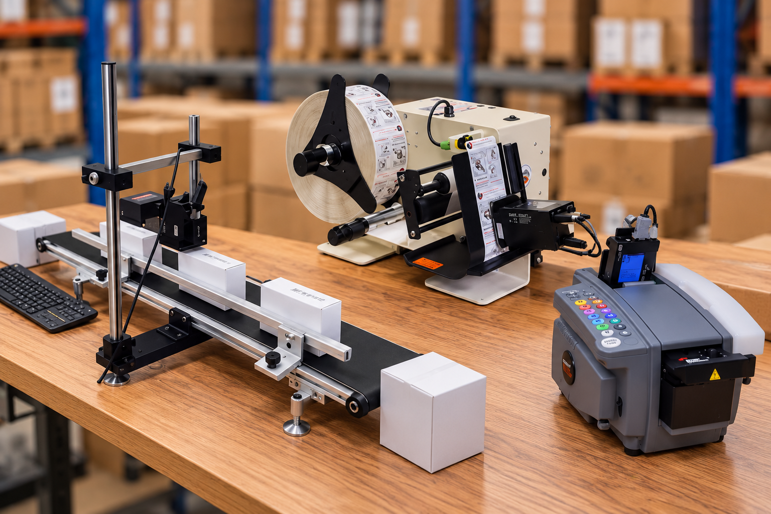 Small-batch labeling and semi-automatic coding equipment arranged on an industrial workbench