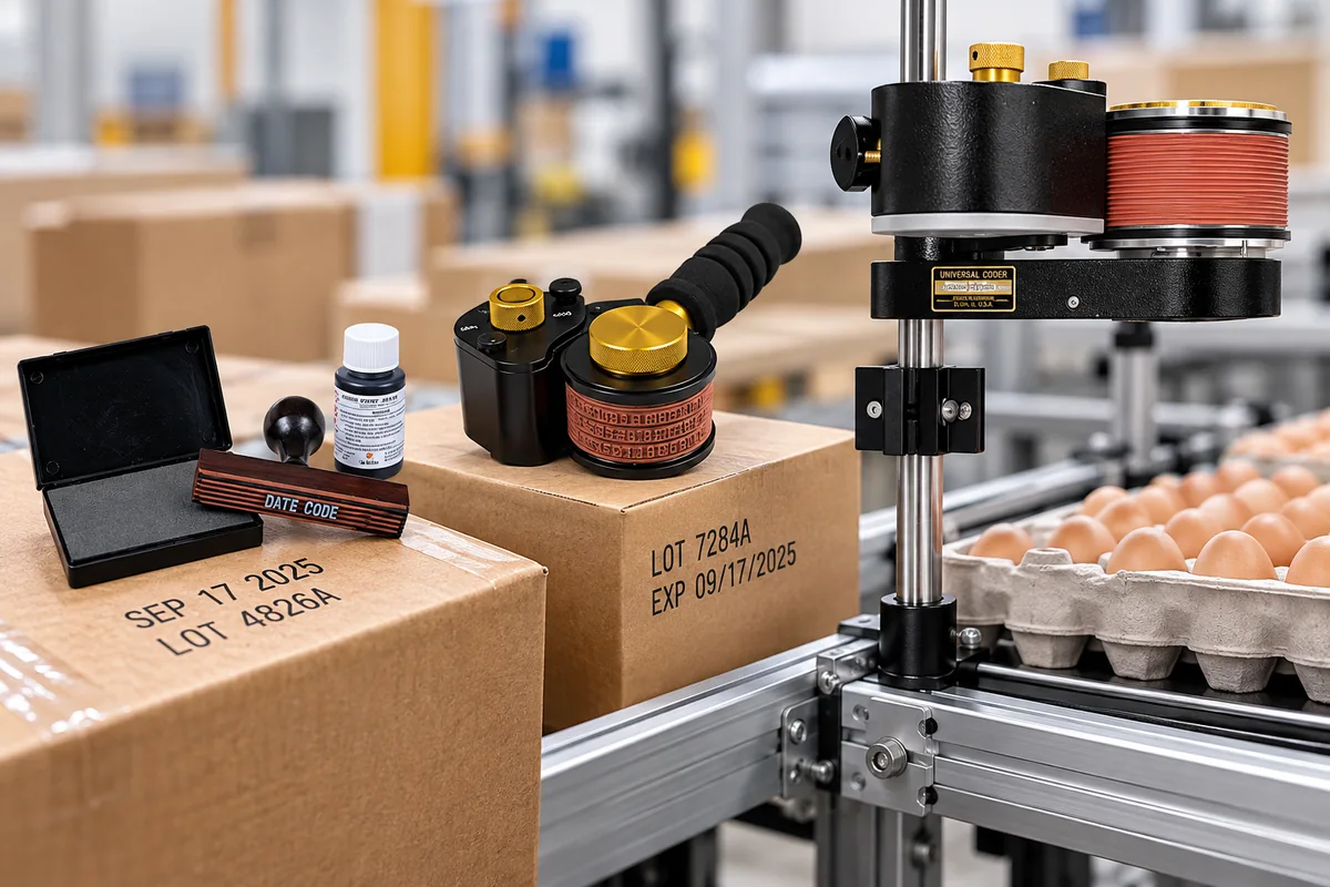 Manual hand stamping, handheld roller coding and conveyor-mounted industrial marking equipment